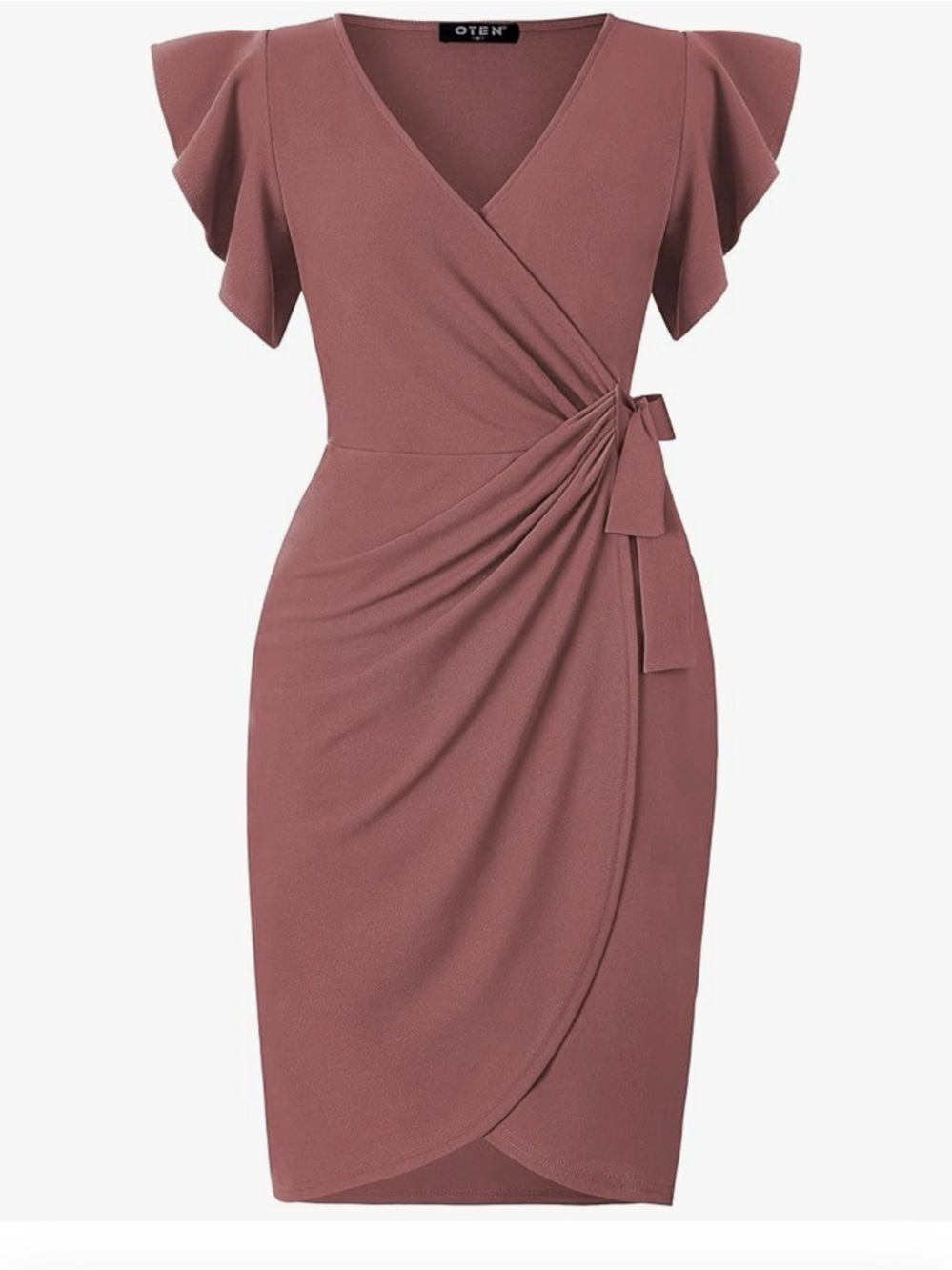 Mauve Wrap-Front Flutter Sleeve Dress